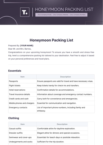 Free Honeymoon Packing List Template to Edit Online
