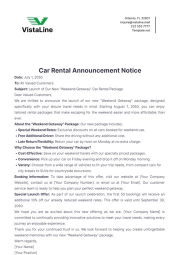 Free Car Rental Announcement Notice Template to Edit Online