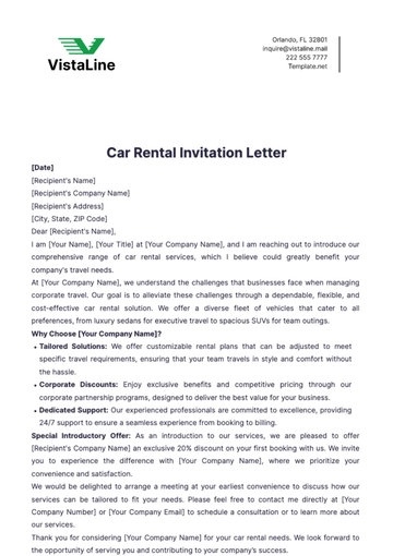 Free Car Rental Invitation Letter Template to Edit Online