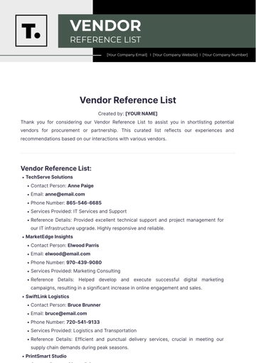 Free Vendor Reference List Template to Edit Online