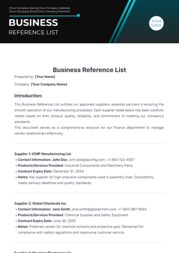 Free Business Reference List Template to Edit Online