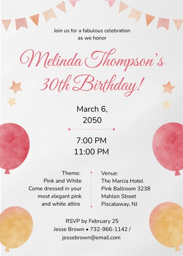 Free Pink And White 30th Birthday Invitation Template to Edit Online