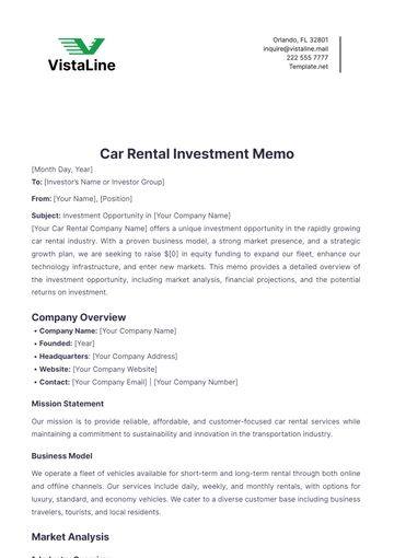 Free Car Rental Investment Memo Template to Edit Online