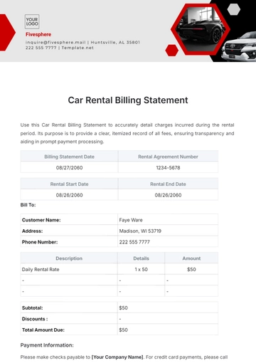 Free Sample Car Rental Billing Statement Template to Edit Online