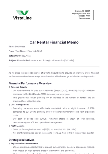 Free Car Rental Financial Memo Template to Edit Online