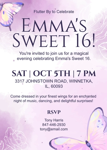 Free Purple Butterfly Sweet 16 Invitation Template to Edit Online