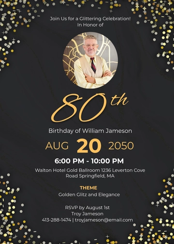 Gold Glittered 80th Birthday Invitation Template - Edit Online & Download