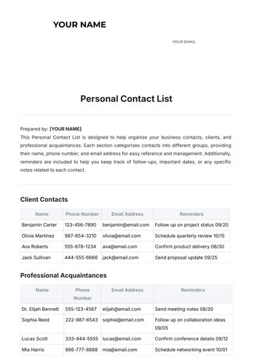 Free Personal Contact List Format Template