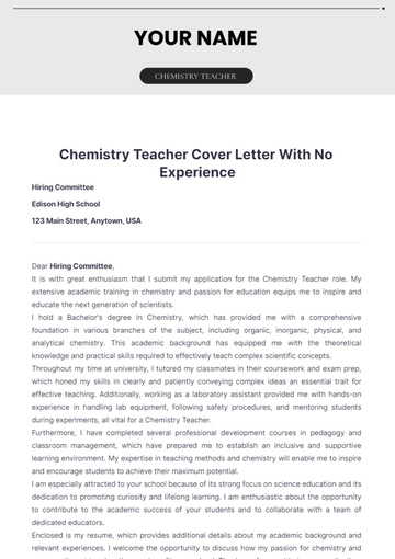 Free Chemistry Teacher Cover Letter With No Experience to Edit Online