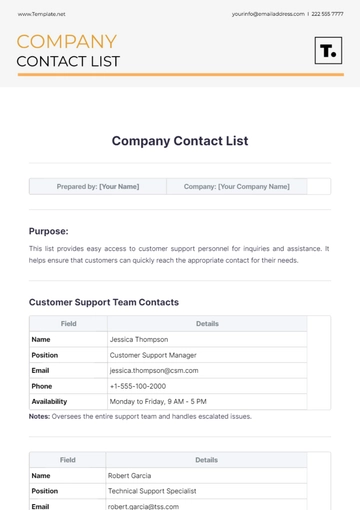 Free Company Contact List Template