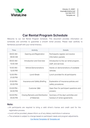 Free Car Rental Program Schedule Template to Edit Online