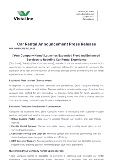 Free Car Rental Announcement Press Release Template to Edit Online