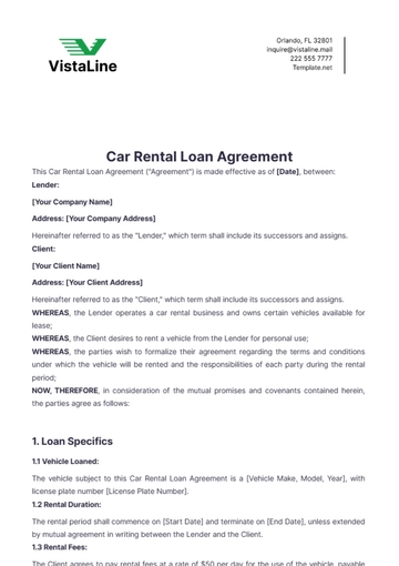 Free Car Rental Loan Agreement Template to Edit Online