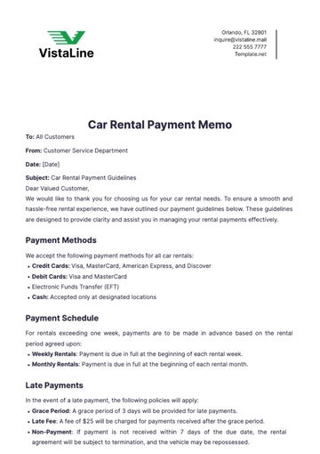 Free Car Rental Payment Memo Template to Edit Online