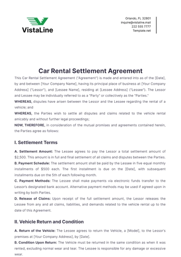 Free Car Rental Settlement Agreement Template to Edit Online