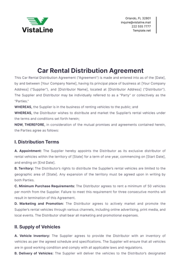 Free Car Rental Distribution Agreement Template to Edit Online