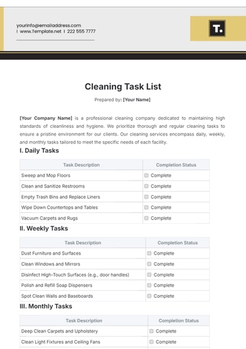 Free Cleaning Task List Template to Edit Online