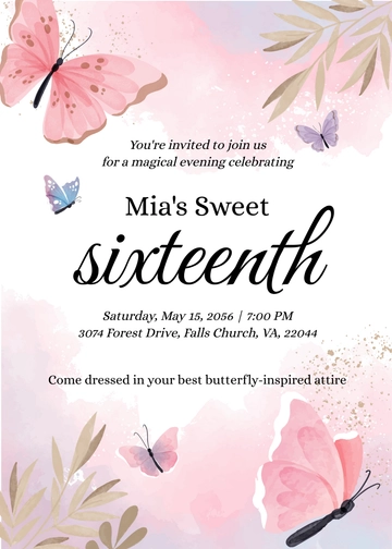 Free Butterfly Sweet 16 Invitation Template to Edit Online