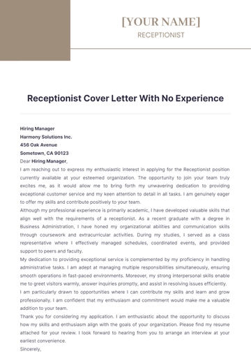 Free Receptionist Cover Letter With No Experience to Edit Online