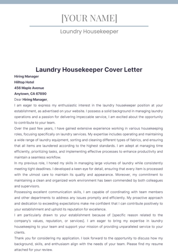 Free Laundry Housekeeper Cover Letter to Edit Online