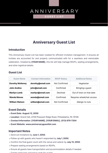 Free Anniversary Guest List Template to Edit Online