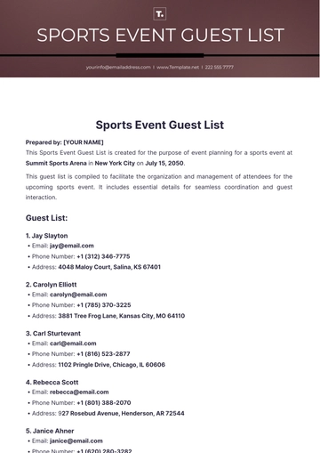 Free Sports Event Guest List Template