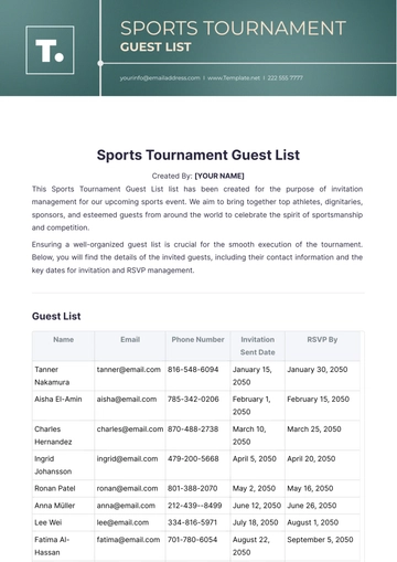 Free Sports Tournament Guest List Template to Edit Online