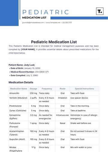 Free Pediatric Medication List Template to Edit Online