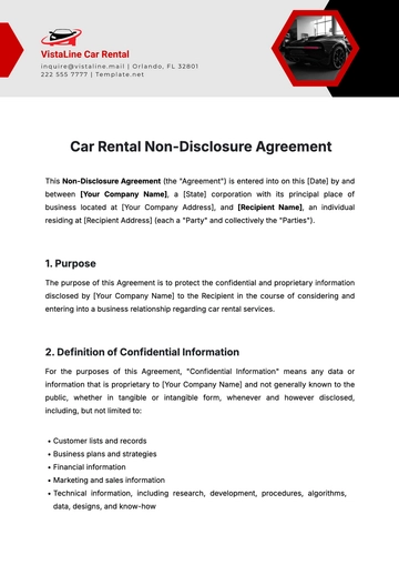 Free Car Rental Non-Disclosure Agreement Template to Edit Online