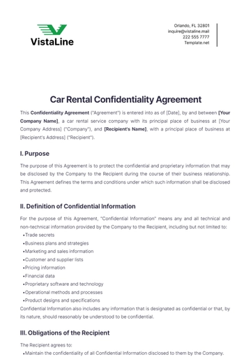 Free Car Rental Confidentiality Agreement Template to Edit Online