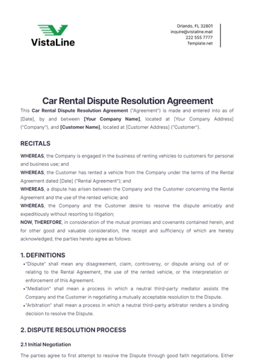 Free Car Rental Dispute Resolution Agreement Template to Edit Online