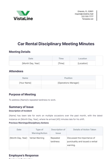 Free Car Rental Disciplinary Meeting Minutes Template to Edit Online