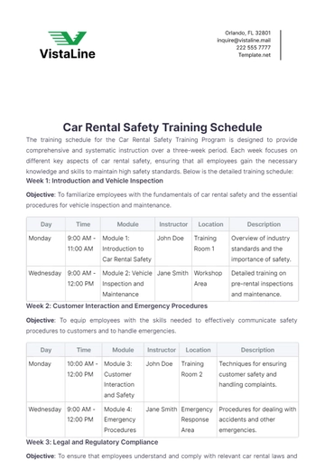 Free Car Rental Safety Training Schedule Template to Edit Online