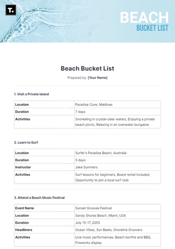 Free Beach Bucket List Template to Edit Online
