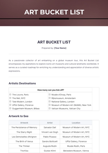 Free Art Bucket List Template to Edit Online