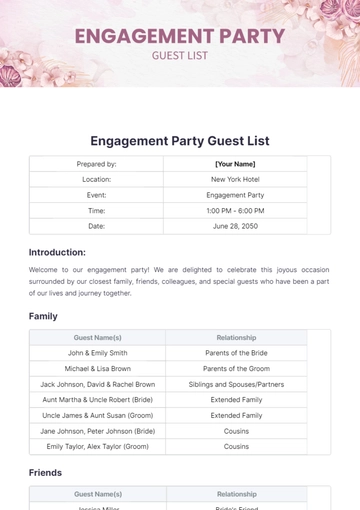 Free Engagement Party Guest List Template to Edit Online
