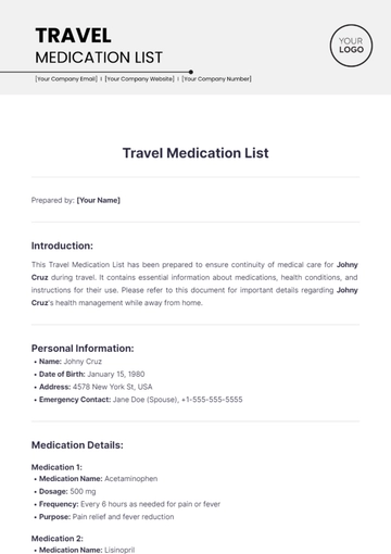 Free Travel Medication List Template to Edit Online