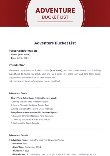 Free Adventure Bucket List Template to Edit Online