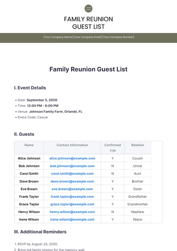 Free Family Reunion Guest List Template to Edit Online