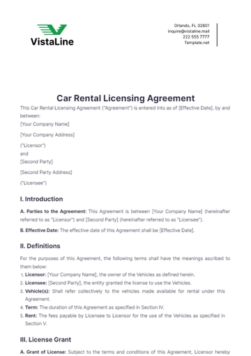 Free Car Rental Licensing Agreement Template to Edit Online