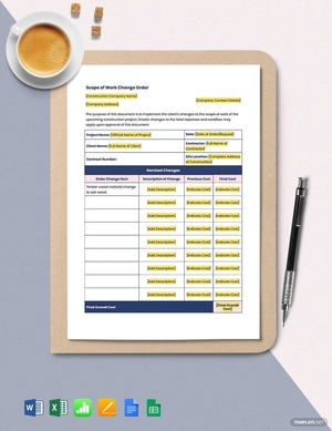 Construction Scope of Work Change Order Template