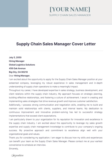 Free Supply Chain Sales Manager Cover Letter to Edit Online