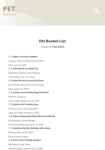 Free Pet Bucket List Template to Edit Online