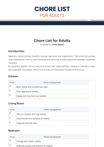 Free Chore List for Adults Template to Edit Online