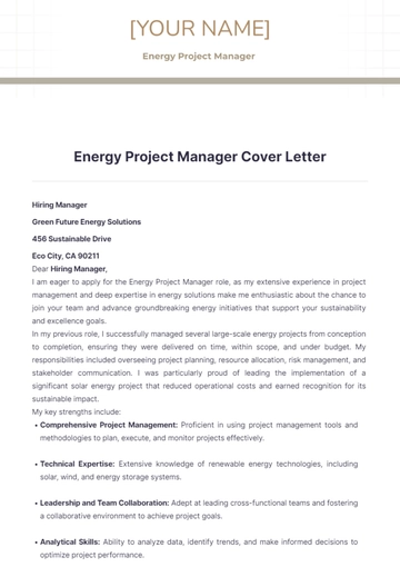 Free Energy Project Manager Cover Letter to Edit Online