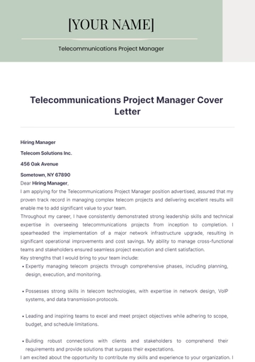 Free Telecommunications Project Manager Cover Letter to Edit Online