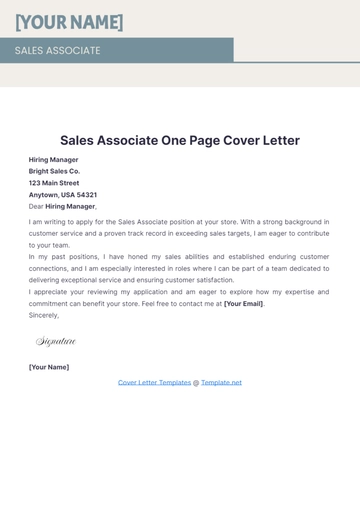 Free Sales Associate One Page Cover Letter to Edit Online