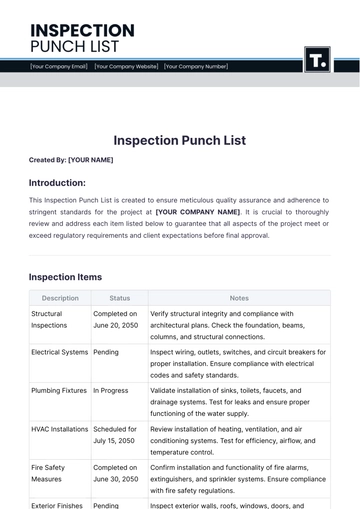 Free Inspection Punch List Template