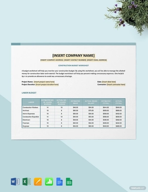 Construction Budget Worksheet Template