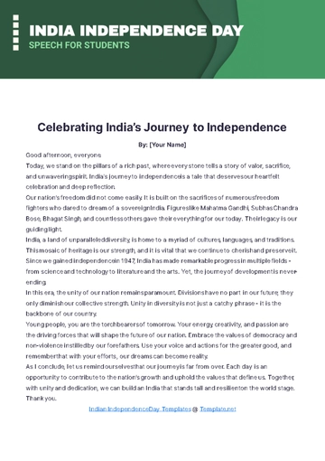 Free India Independence Day Speech for Students Template to Edit Online